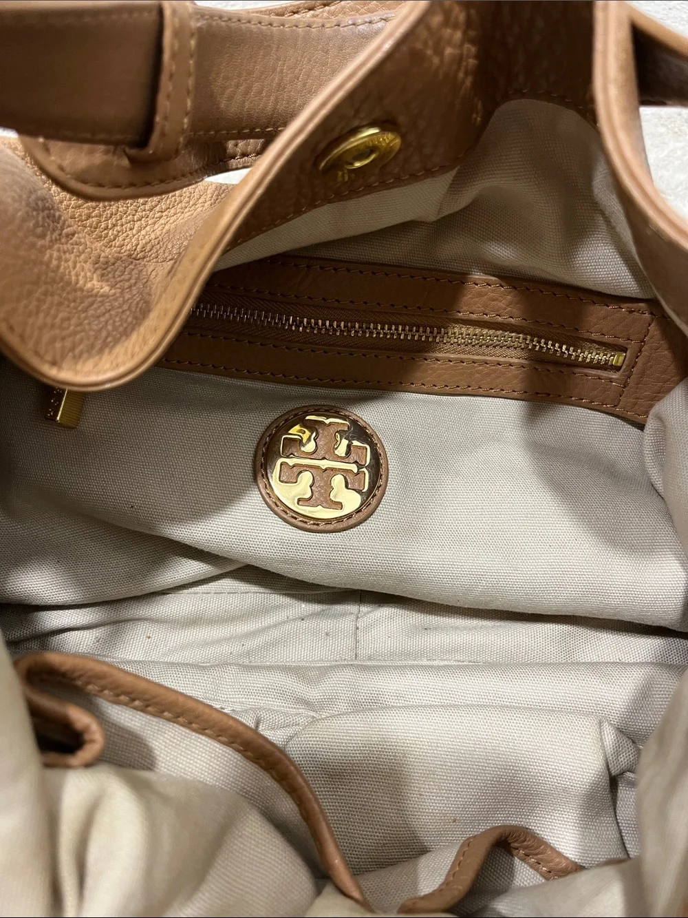 Tory Burch tan pebble leather handbag